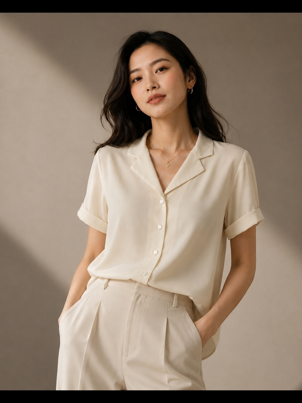 Women's Cream Short-Sleeve Button Down Shirt — Minimal Collar
